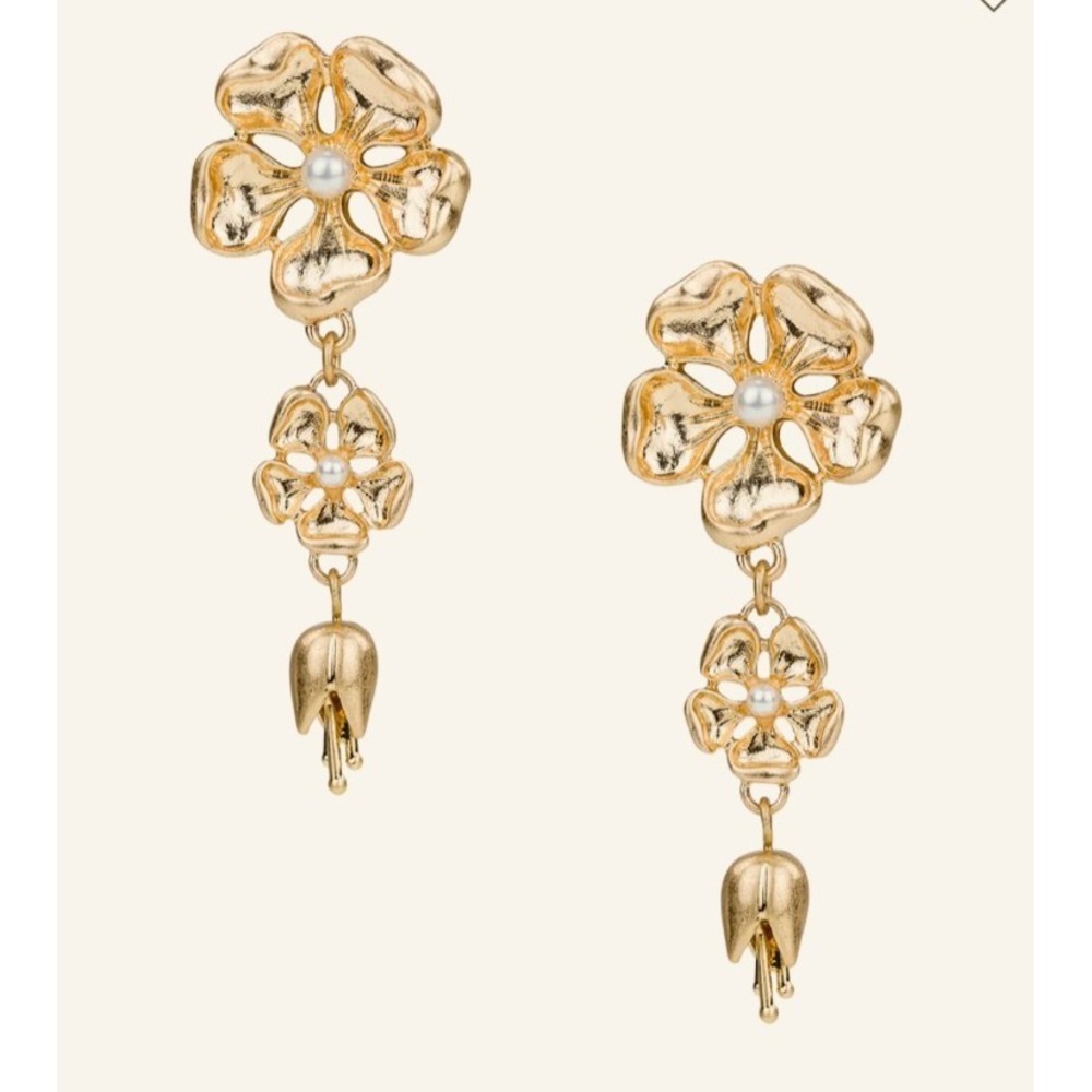 NEW Patricia Nash French Garden Double Drop Flower Post Earrings Worn Gold Pearl